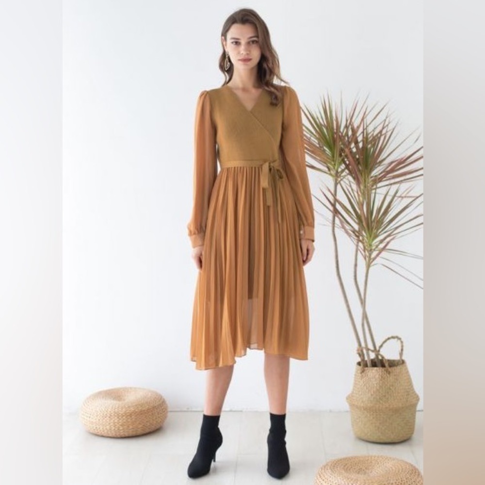 [WOMEN] CHIC WISH Knit Chiffon Dress S/M Caramel Brown Fall